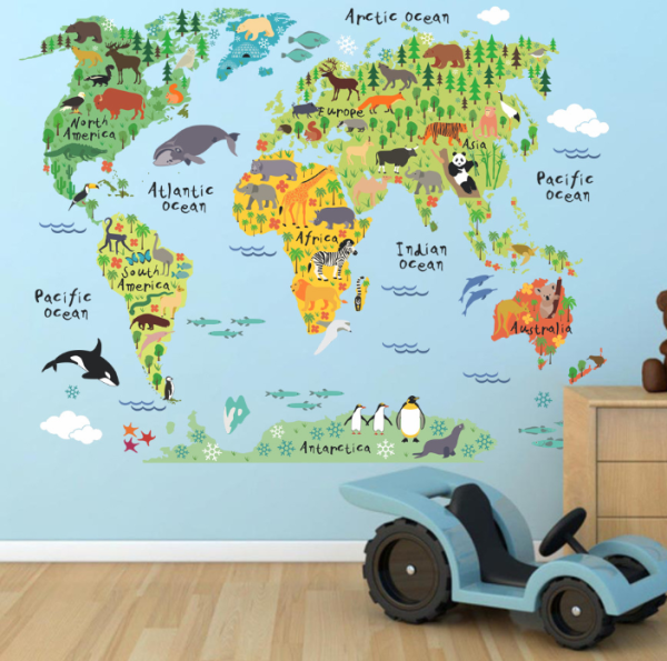 Наклейка многоразовая "Карта мира с Животными" 88x110 см (1092)